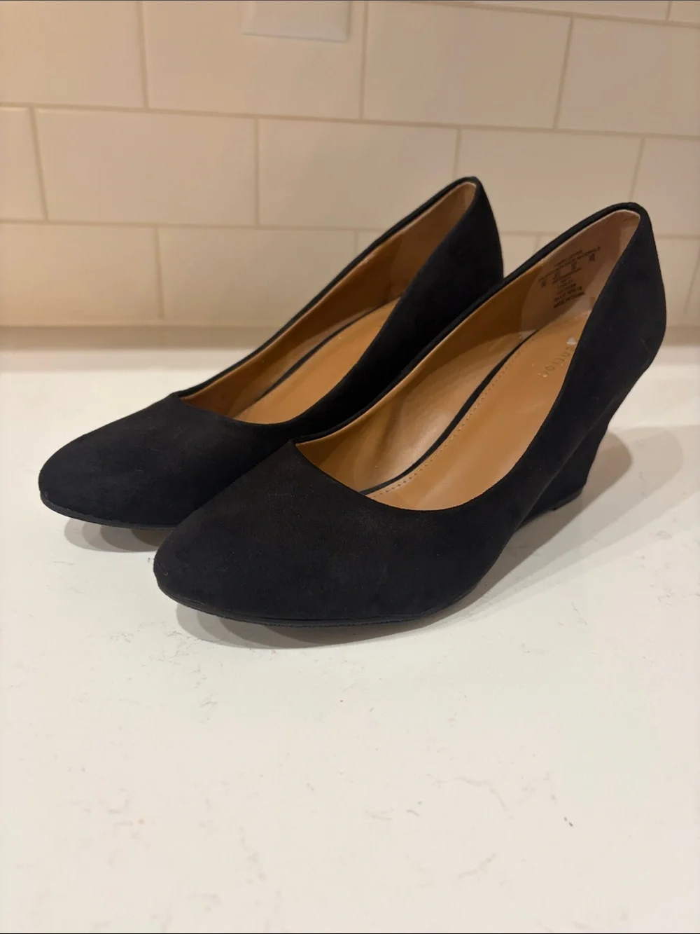 attention Black Suede Wedge Pumps